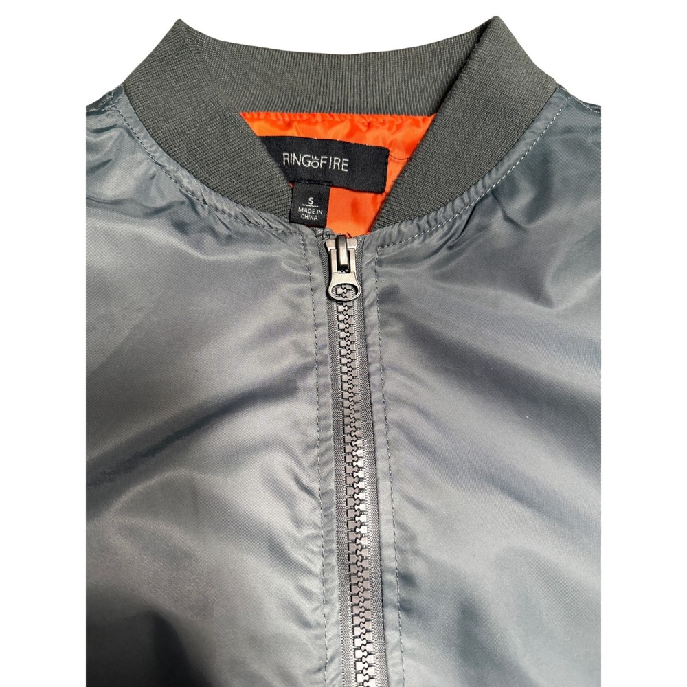 Ring of Fire Mens Grey MA-1 Bomber Flight Jacket Orange Lining Small Zip Up - Picture 2 of 6